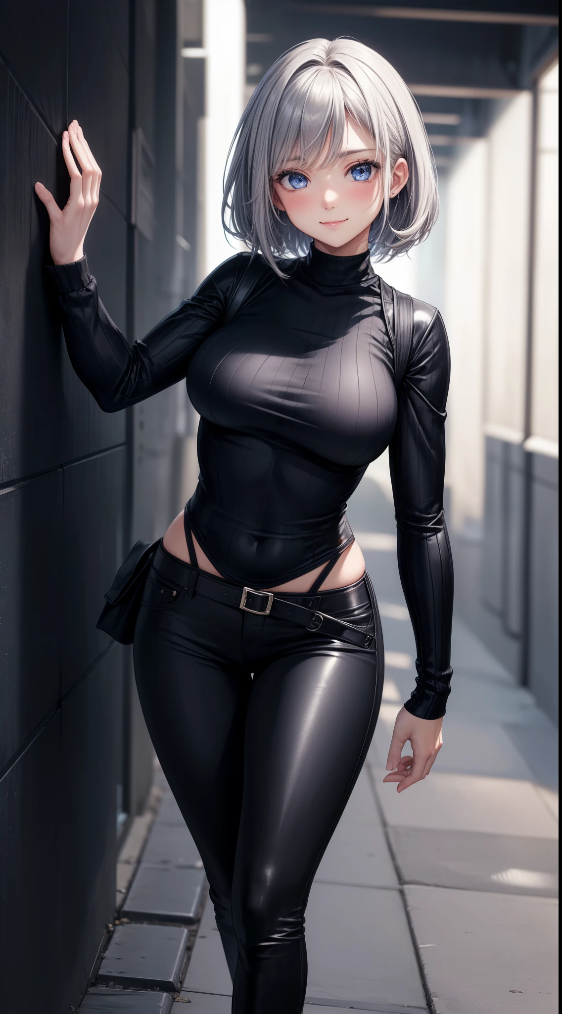 masterpiece, highest quality, high resolution, 1 girl, gray hair, short hair, blue eyes, medium breasts, OL, tie, black suit, pencil skirt, put your hands on your hips, outdoor,Idol Master，，anastasia，Knee-high boots，pantsスーツ,fighting pose, ((put your hand on the wall, standing backwards, show off your butt)), (Viewed from 10 meters to the right at a 45 degree angle)
(masterpiece:1.3),(very detailed:1.3),(High resolution:1.1),highest quality,Super detailed,1 girl,alone,cm \(The ultimate holiday\),hoodie,pants,looking at the viewer,smile,blush,