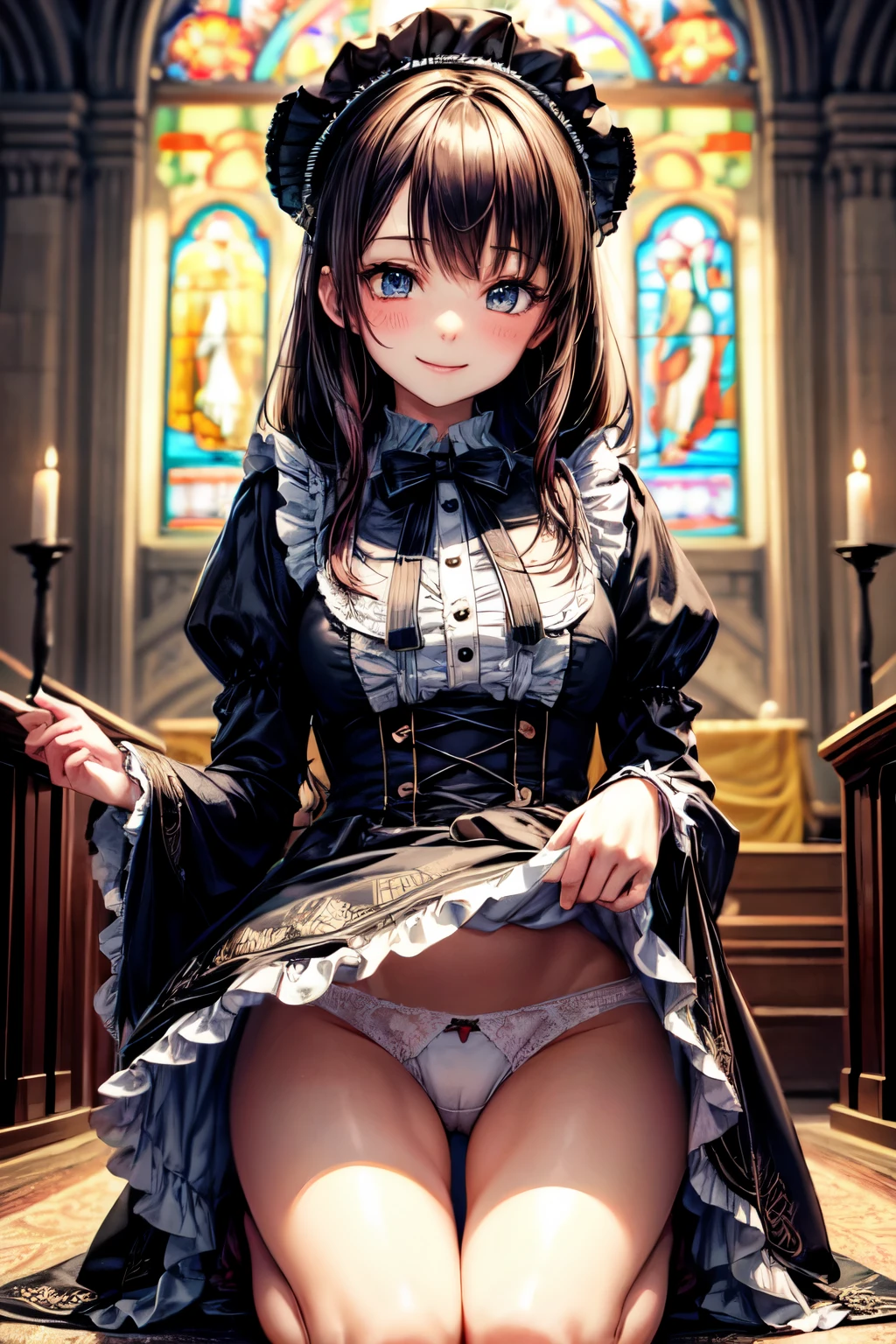 very cute and beautiful girl,(highly detailed beautiful face and eyes),
(smile),blush,black hair,cowboy shot,looking at viewer,kneeling,
(floral pattern brown ta dress with detailed frills),detailed lace,(skirt lift,white panties),
altar,church,indoors,
(best quality,masterpiece:1.0),absurdres,highres,ultra-detailed,extremely detailed,32k,8k resolution,
intricate details,cinematic scene,detailed background,solo,dynamic angle,
