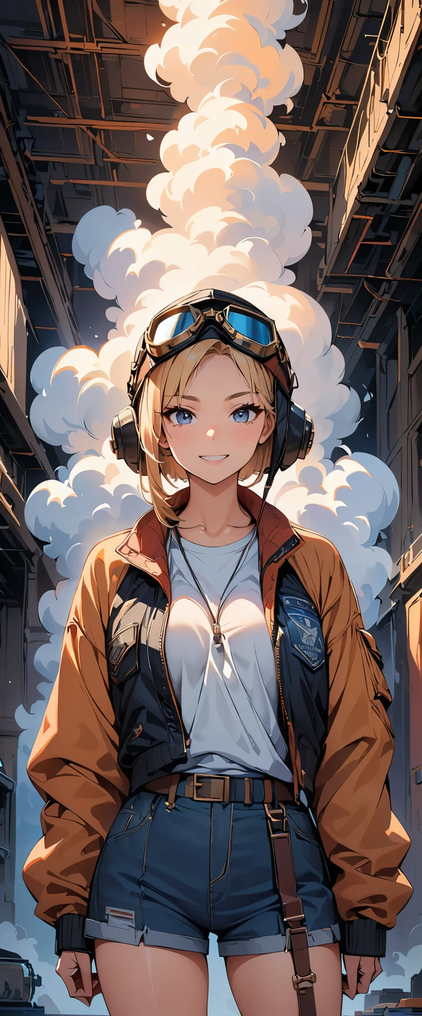 (highest quality, 4k, 8K, High resolution, masterpiece:1.2), Super detailed, one person, woman, steampunk design, Aviator Cap, goggles, flight jacket, in front of the hangar, cowboy shot, look at the viewer, vapor, cigarette, powerful stroke, high contrast, Heroic portrait, adrenaline rush, Detailed weapons, strength, impact, energy, Violent, タバコを咥えたwoman。