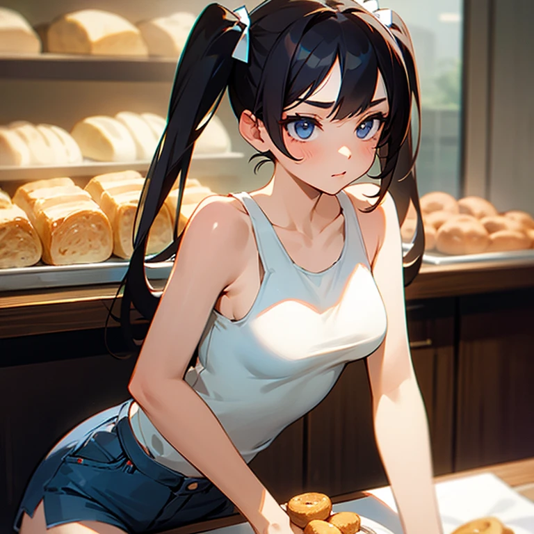beautiful girl, perfect small face, big breasts, slender, twin tails, tanktop, short pants, put bread on the table