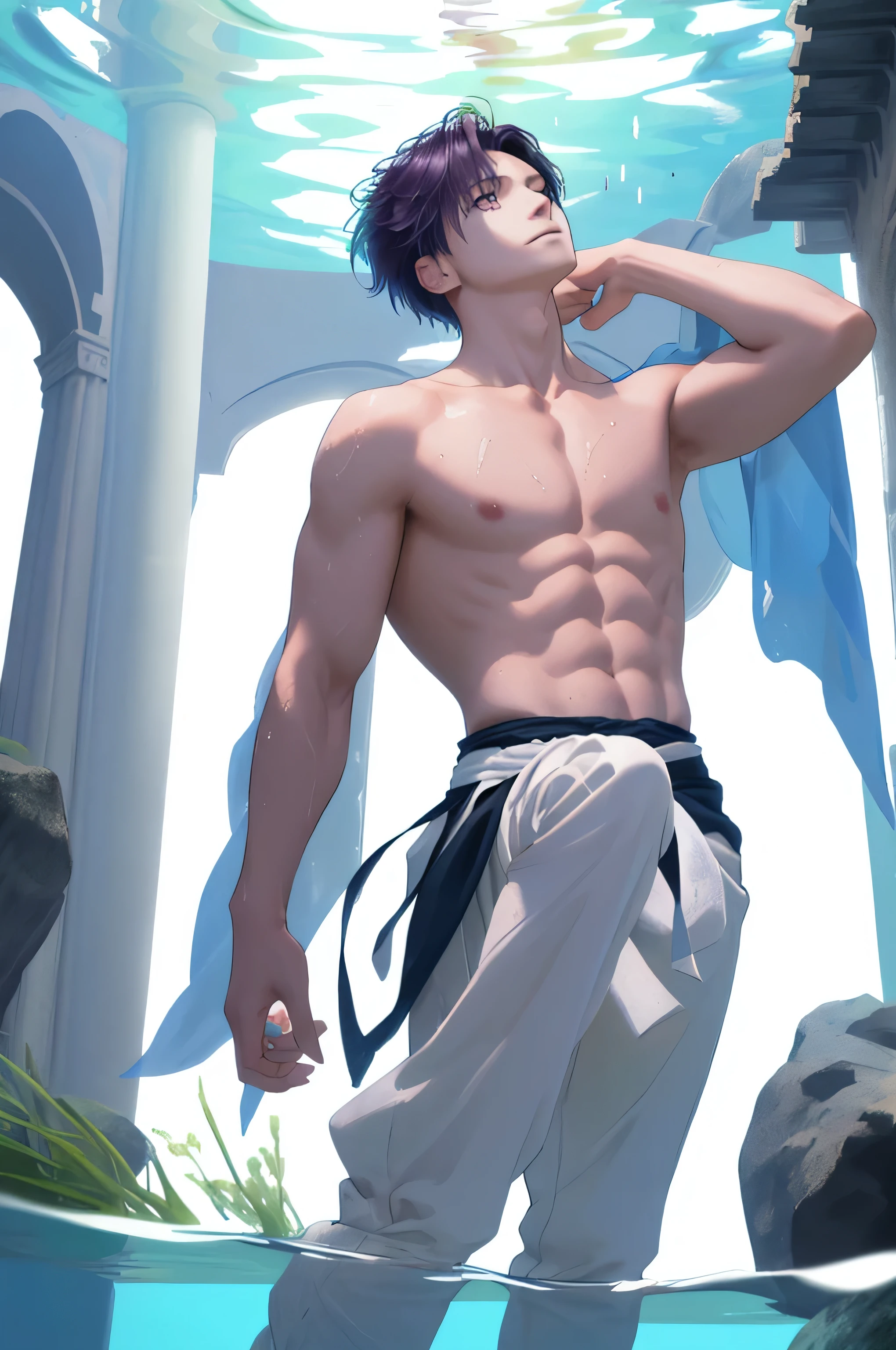 Anime guy with purple hair and no shirt standing in a pool - SeaArt AI