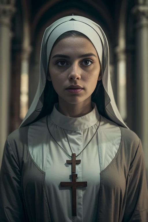 Masterpiece, (a full body shot:1.3), (A beautiful catholic 18 years old nun girl is in the foreground, ultra realistic face, huge breasts, ultra detailed face:1.4), her silhouette stark against the dimly lit backdrop of a full church. Shadows play tricks on the eye, suggesting hidden figures or lurking dangers within the mist. The overall atmosphere is one of dread and impending peril, as the nun braces herself for whatever horrors the dawn may bring, 8K, ultra high res.photorealistic, UHD