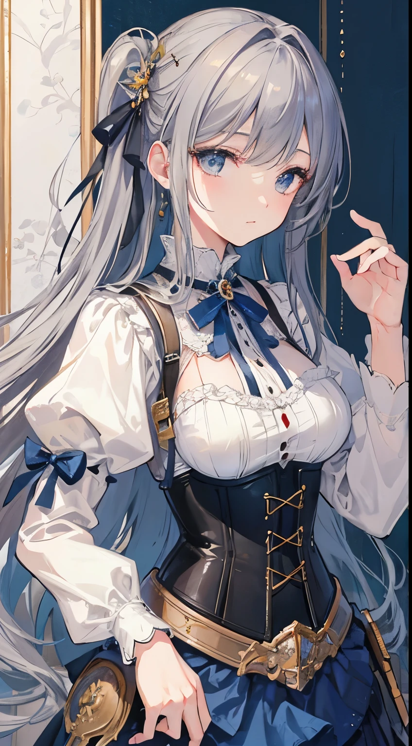 (((masterpiece)))、((highest quality))、(super detailed)、(CG illustration)、(very beautiful woman))、cinematic light、((1 Mechanical Girl))、 (beautiful and luxurious)()、facing the front,gray hair,corset belt,Blue high waist skirt,upper body portrait