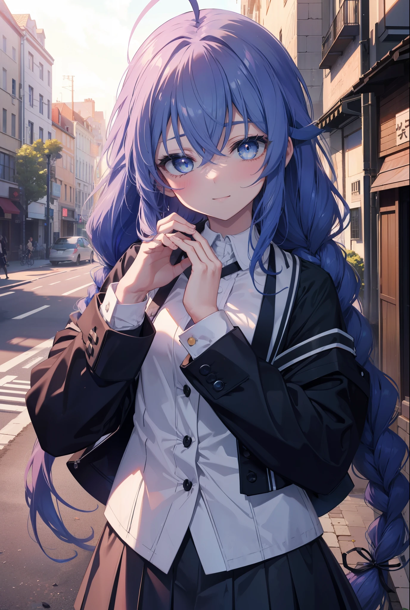(masterpiece,intricate details),1 girl,mature woman,light _face, BREAK Roxymigurdia, Roxy, Ahoge, black ribbon, blue eyes, blue hair, Braid, hair between eyes, hair ribbon, long hair, twin Braids, very long hair,happy smile, smile, open your mouth, Destroy White Y-Shirt,Blue Blazer,Blue pleated skirt,Gray pantyhose,White Loafers,
壊す looking at viewer,
break outdoors, In town,Destroy a city of buildings (masterpiece:1.2), highest quality, High resolution, unity 8k wallpaper, (figure:0.8), (detailed and beautiful eyes:1.6), 非常に詳細なface, perfect lighting, Very detailed CG, (perfect hands, perfect anatomy),