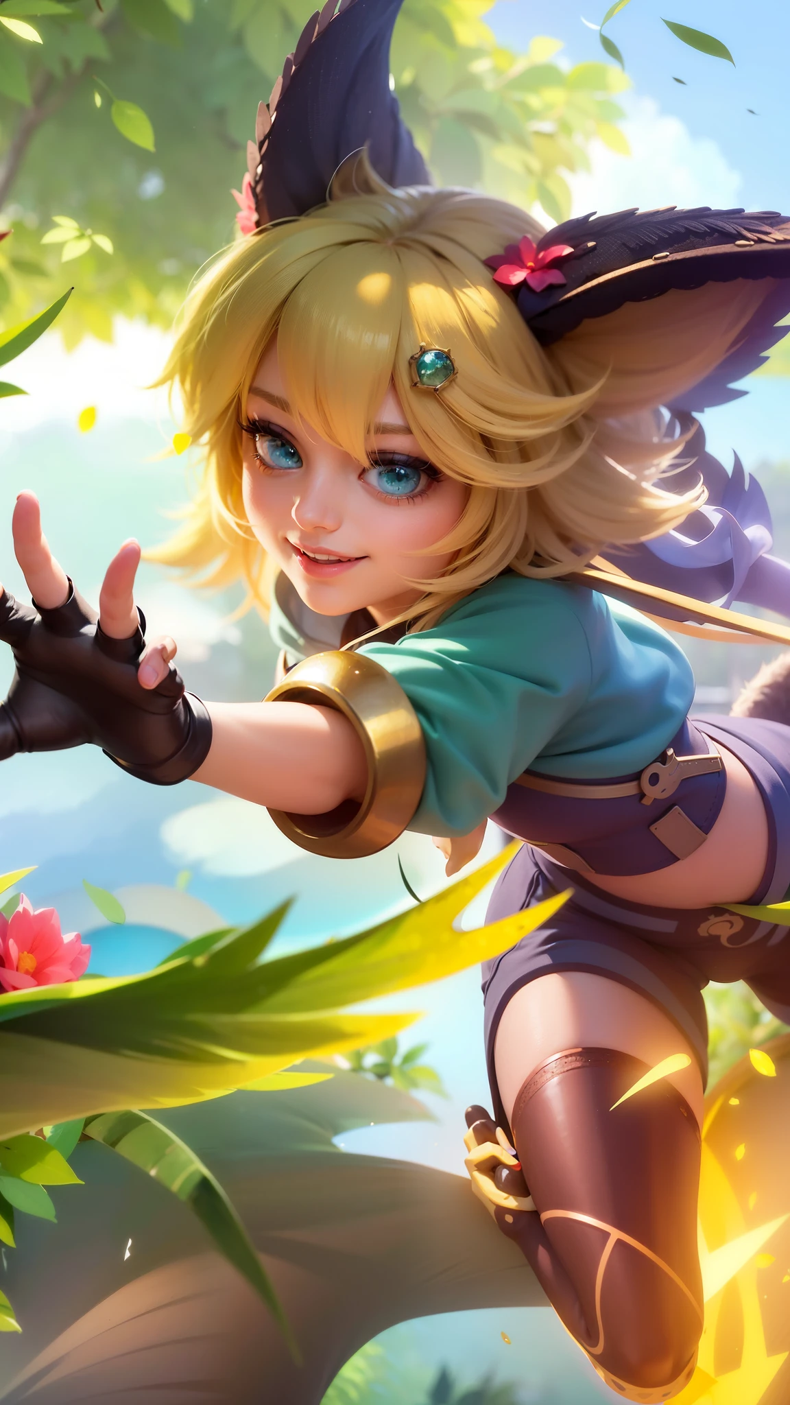 a girl with a cat hat and gloves, 8k, ultra hd, ultra detailed texture, hyper realistic, masterpiece, detailed texture, detailed face, detailed skin, detailed lighting, (photorealistic:1.5), best quality, beautiful lighting, cinematic lighting, professional lighting, ultra highres, realistic, detailed hair, real hair, high quality, (realskin:1.5), extremely detailed, finely detail, ultra-detailed, green eyes, smile.