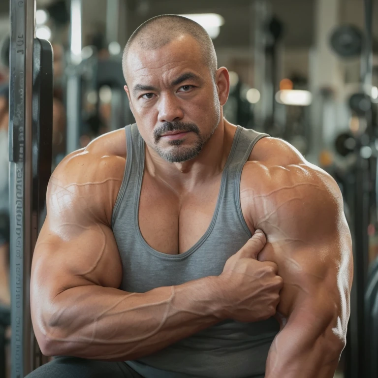 (Looking at his own bicep:1.4), (one or two bodybuilders:1.4), (tank top:1.4), (at gym:1.4), 40's, Japanese man, manly face, fat face, (round face:1.4), (monolid eyes:1.2), (buzz cut:1.4), very large and strong body, bulky body, beefy muscles, (bulging muscles:1.4), (very large pectoral muscles:1.4), (muscular arms:1.4), muscular abs, muscular legs, muscular back, bright oily skin, (realistic:1.2), distant view