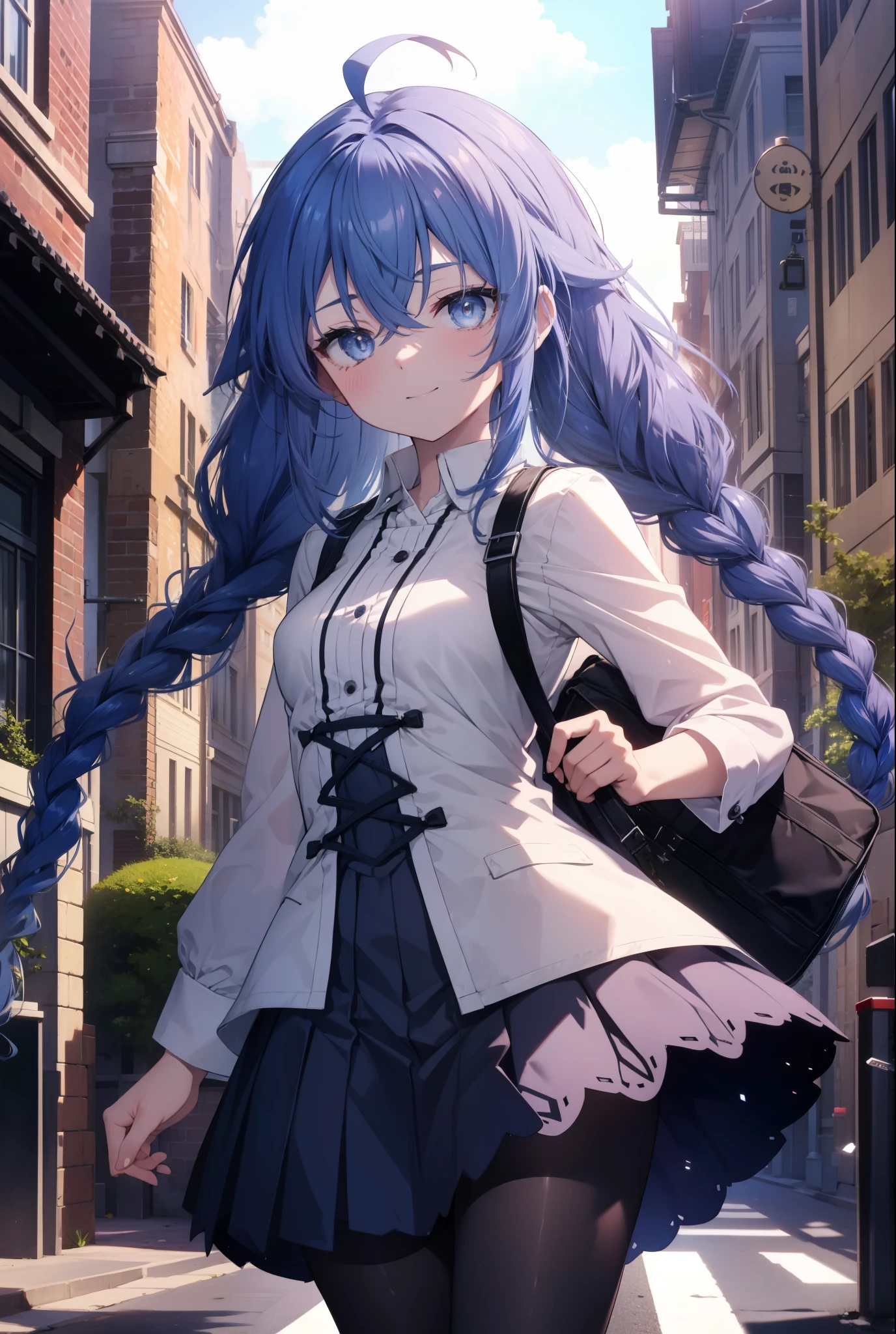 (masterpiece,intricate details),1 girl,mature woman,light _face, BREAK Roxymigurdia, Roxy, Ahoge, black ribbon, blue eyes, blue hair, Braid, hair between eyes, hair ribbon, long hair, twin Braids, very long hair,happy smile, smile, open your mouth, Destroy White Y-Shirt,Blue Blazer,Blue pleated skirt,Gray pantyhose,White Loafers,
壊す looking at viewer,
break outdoors, In town,Destroy a city of buildings (masterpiece:1.2), highest quality, High resolution, unity 8k wallpaper, (figure:0.8), (detailed and beautiful eyes:1.6), 非常に詳細なface, perfect lighting, Very detailed CG, (perfect hands, perfect anatomy),