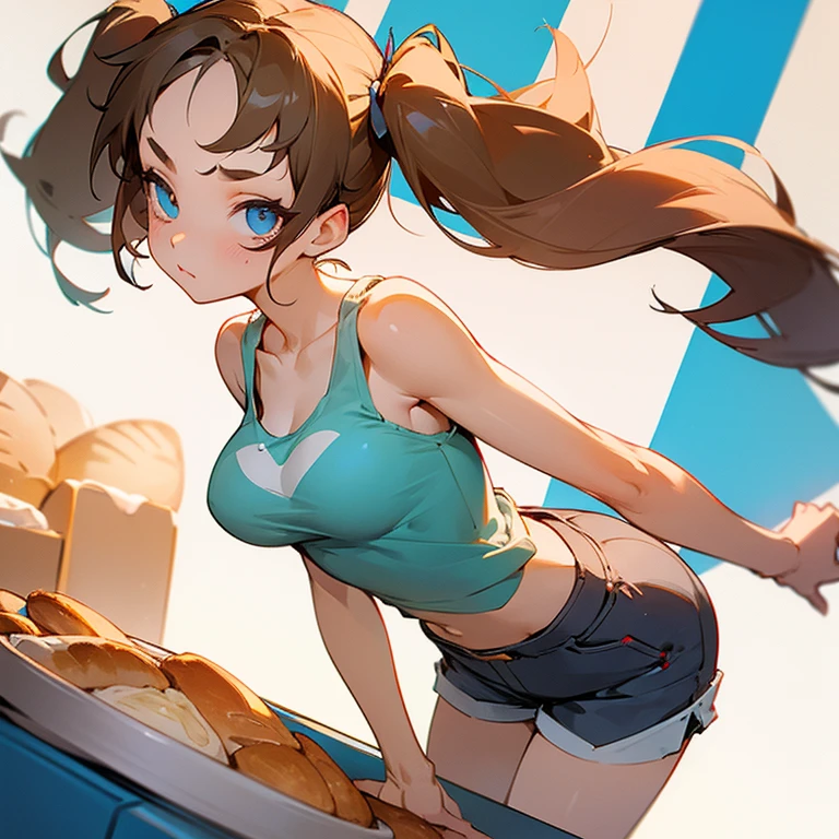 beautiful girl, perfect small face, big breasts, slender, twin tails, tanktop, short pants, put bread on the table, Angle of view where hands are not visible