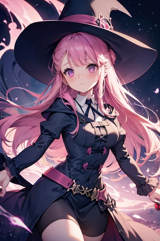 A pink haired female witch with violet eyes with an hourglass figure in a victorian style dress is blushing at a failed spell