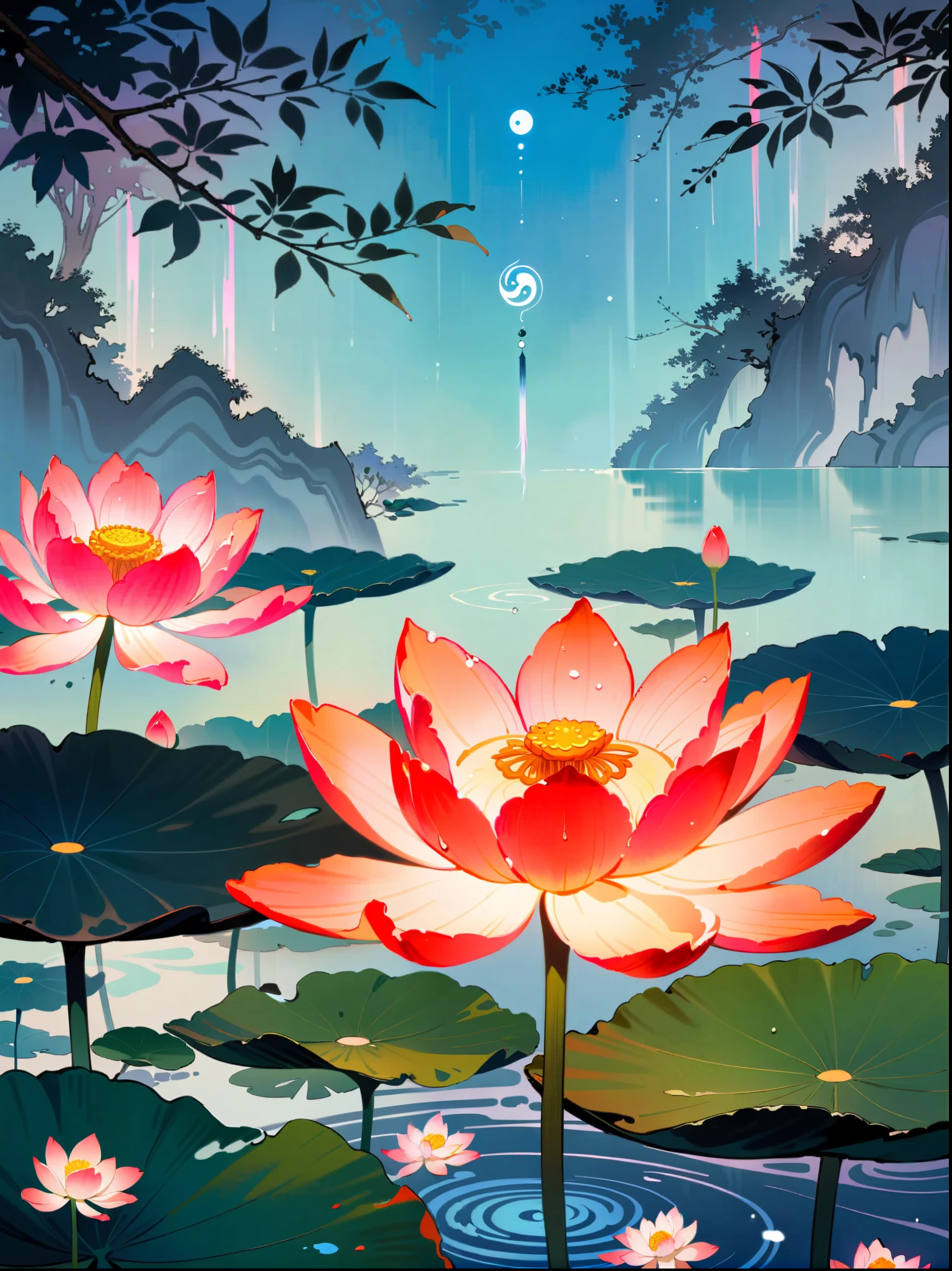 (close-up:1.8)，Taoist sage meditating in a tranquil lotus pond，Yin and Yang symbols，I Ching Hexagrams，Swirling Mist，lotus，peaceful atmosphere，Peaceful nature scene，（best quality，8k，high resolution，masterpiece），Super detailed，concept art，intricate details，Ambient lighting，Cinema Effect，bright colors