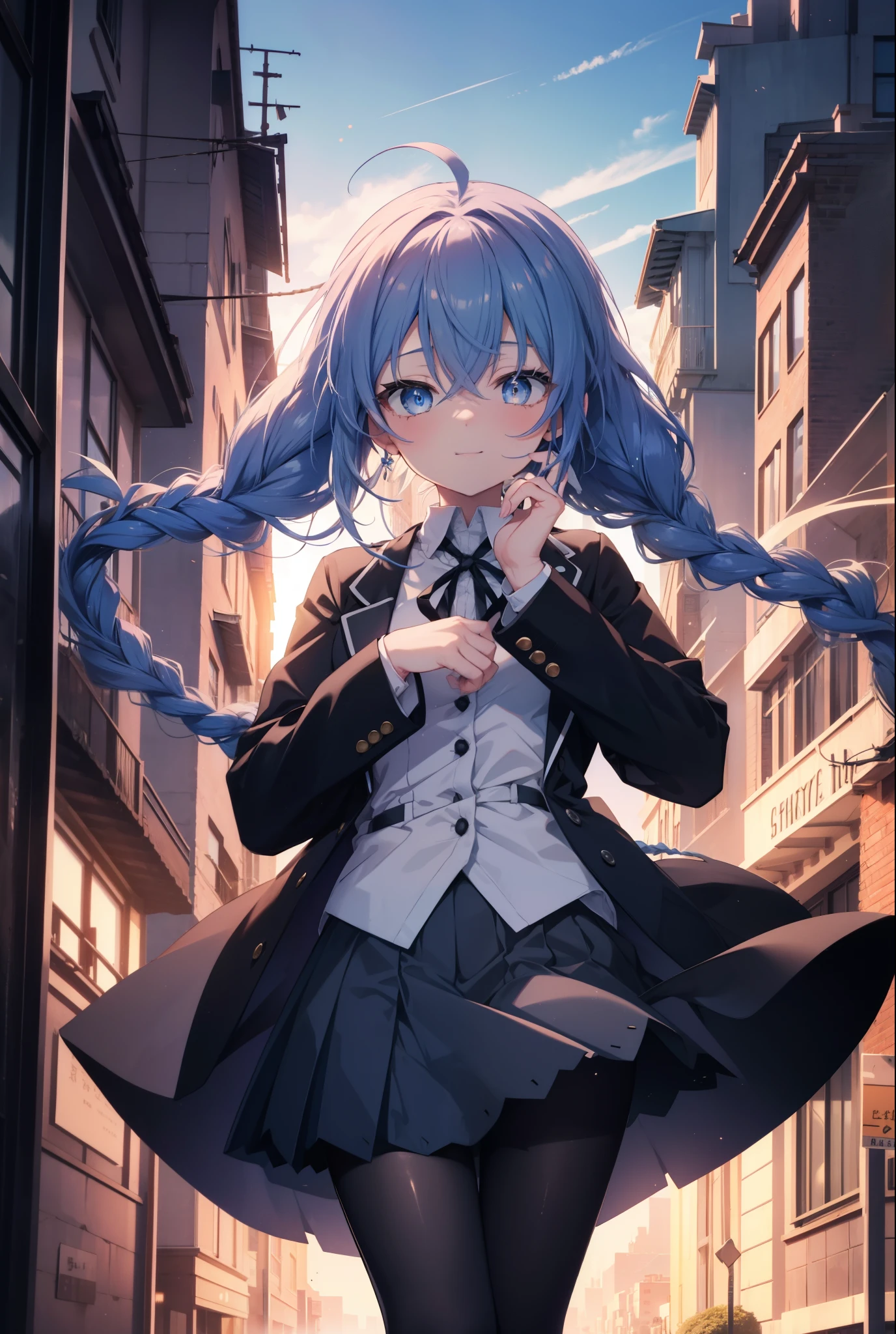 (masterpiece,intricate details),1 girl,mature woman,light _face, BREAK Roxymigurdia, Roxy, Ahoge, black ribbon, blue eyes, blue hair, Braid, hair between eyes, hair ribbon, long hair, twin Braids, very long hair,happy smile, smile, open your mouth, Destroy White Y-Shirt,Blue Blazer,Blue pleated skirt,Gray pantyhose,White Loafers,
壊す looking at viewer,
break outdoors, In town,Destroy a city of buildings (masterpiece:1.2), highest quality, High resolution, unity 8k wallpaper, (figure:0.8), (detailed and beautiful eyes:1.6), 非常に詳細なface, perfect lighting, Very detailed CG, (perfect hands, perfect anatomy),