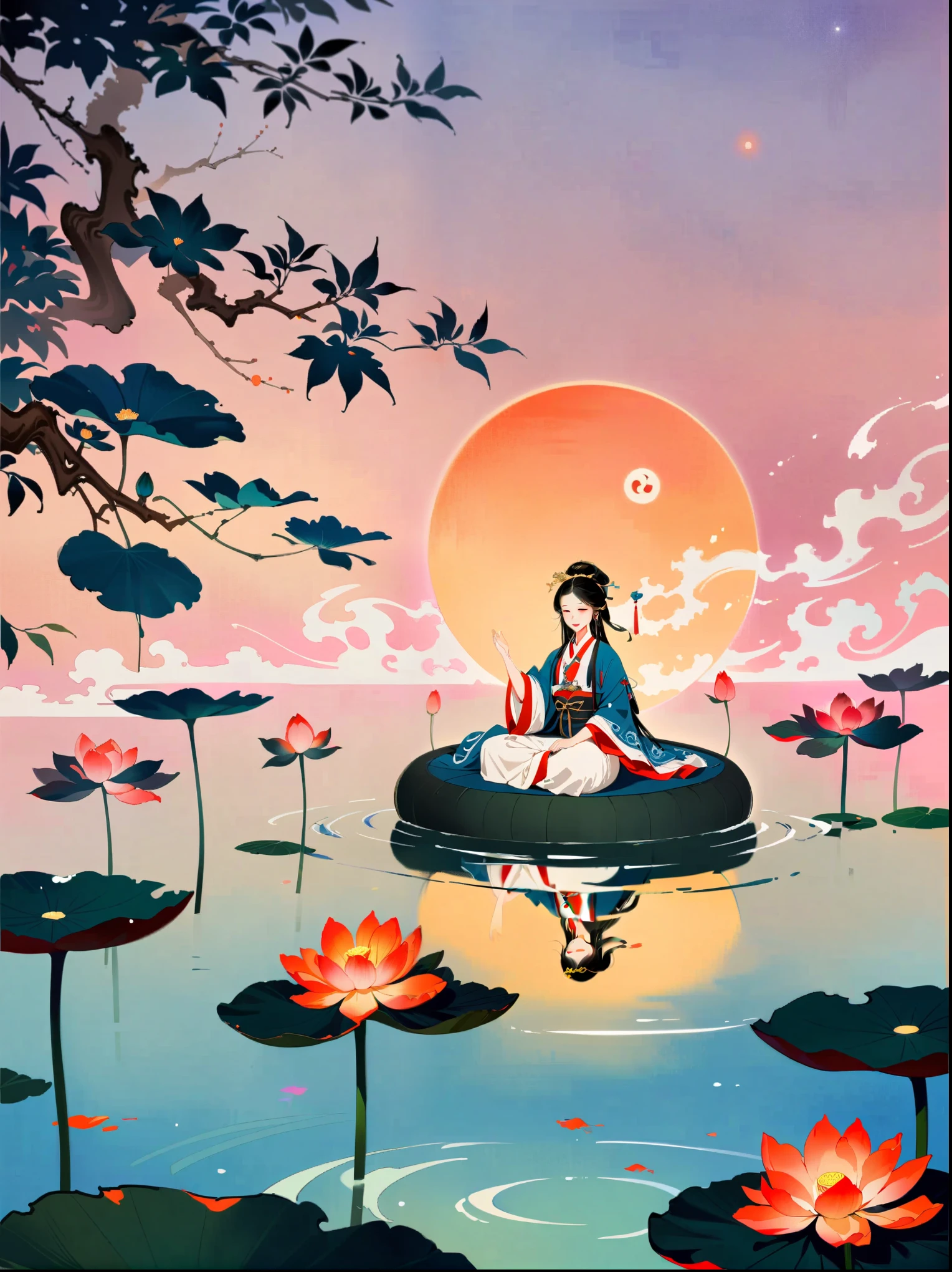 (close-up:1.8),Taoist sage meditating in a tranquil lotus pond,Yin and Yang symbols,I Ching Hexagrams,Swirling Mist,lotus,peaceful atmosphere,Peaceful nature scene,(best quality,8k,high resolution,masterpiece),Super detailed,concept art,intricate details,Ambient lighting,Cinema Effect,bright colors