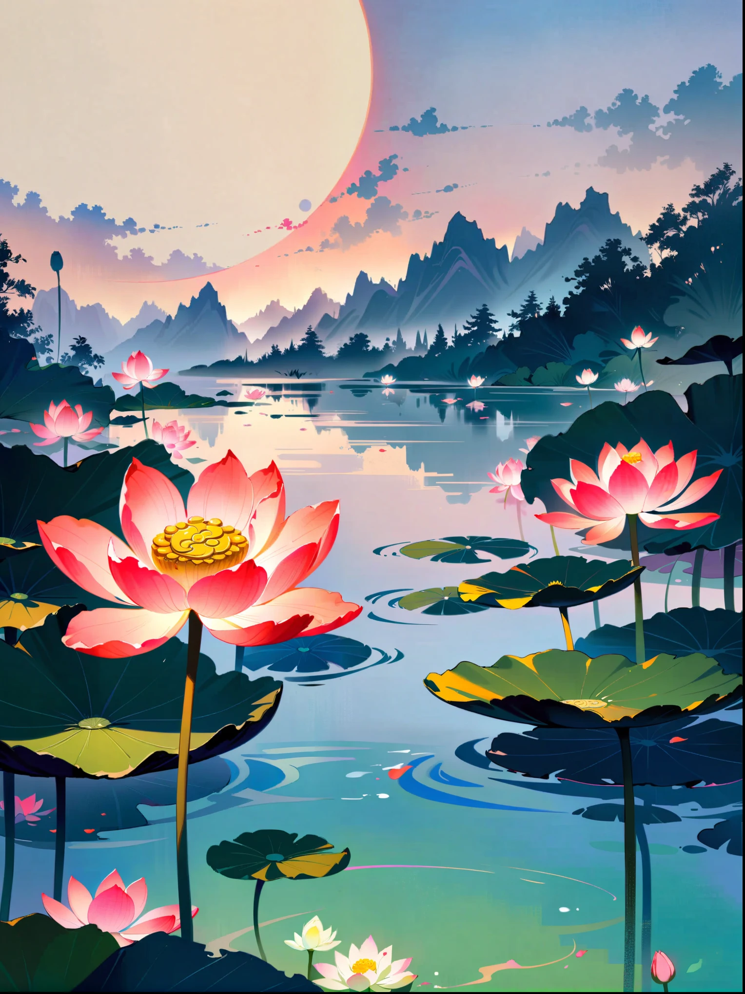 (close-up:1.8)，Taoist sage meditating in a tranquil lotus pond，Yin and Yang symbols，I Ching Hexagrams，Swirling Mist，lotus，peaceful atmosphere，Peaceful nature scene，（best quality，8k，high resolution，masterpiece），Super detailed，concept art，intricate details，Ambient lighting，Cinema Effect，bright colors