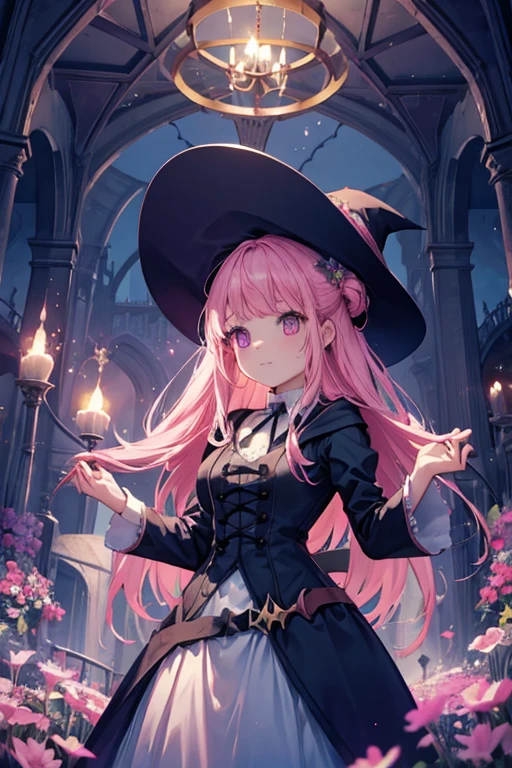 A pink haired female witch with violet eyes with an hourglass figure in a victorian style dress is growing magical flowers