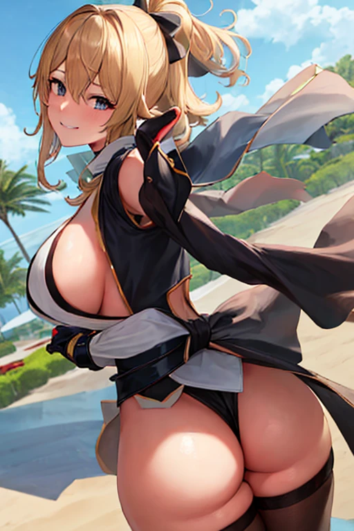 masterpiece, best quality, beautiful art, high resolution, well formed hands, body and fingers, 1 woman, solo, Jean Gunnhildr, adult,  up,  big breasted, cleavage full body, wearing a Iroha Samurai Shodown outfit, hair ornament, gorgeous legs and thighs, black stockings, maid, sexy Japanese clothes, pelvic curtain, leotard peeking, dancing seductively and erotically, turning backwards and forwards , showing her back and front, and smiling joyfully, looking at the viewer, flirting, beach environment , biting her lips 