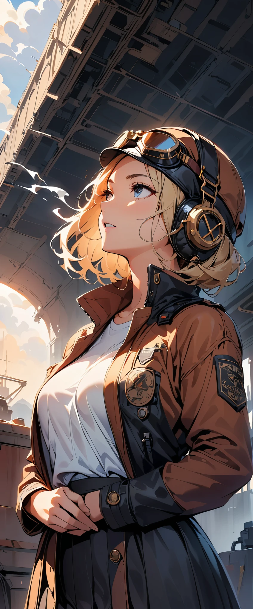 (highest quality, 4k, 8K, High resolution, masterpiece:1.2), Super detailed, one person, woman, steampunk design, Aviator Cap, goggles, flight jacket, in front of the hangar, cowboy shot, diagonally, Looking up, vapor, cigarette, powerful stroke, high contrast, Heroic portrait, adrenaline rush, Detailed weapons, strength, impact, energy, Violent, タバコを咥えたwoman。