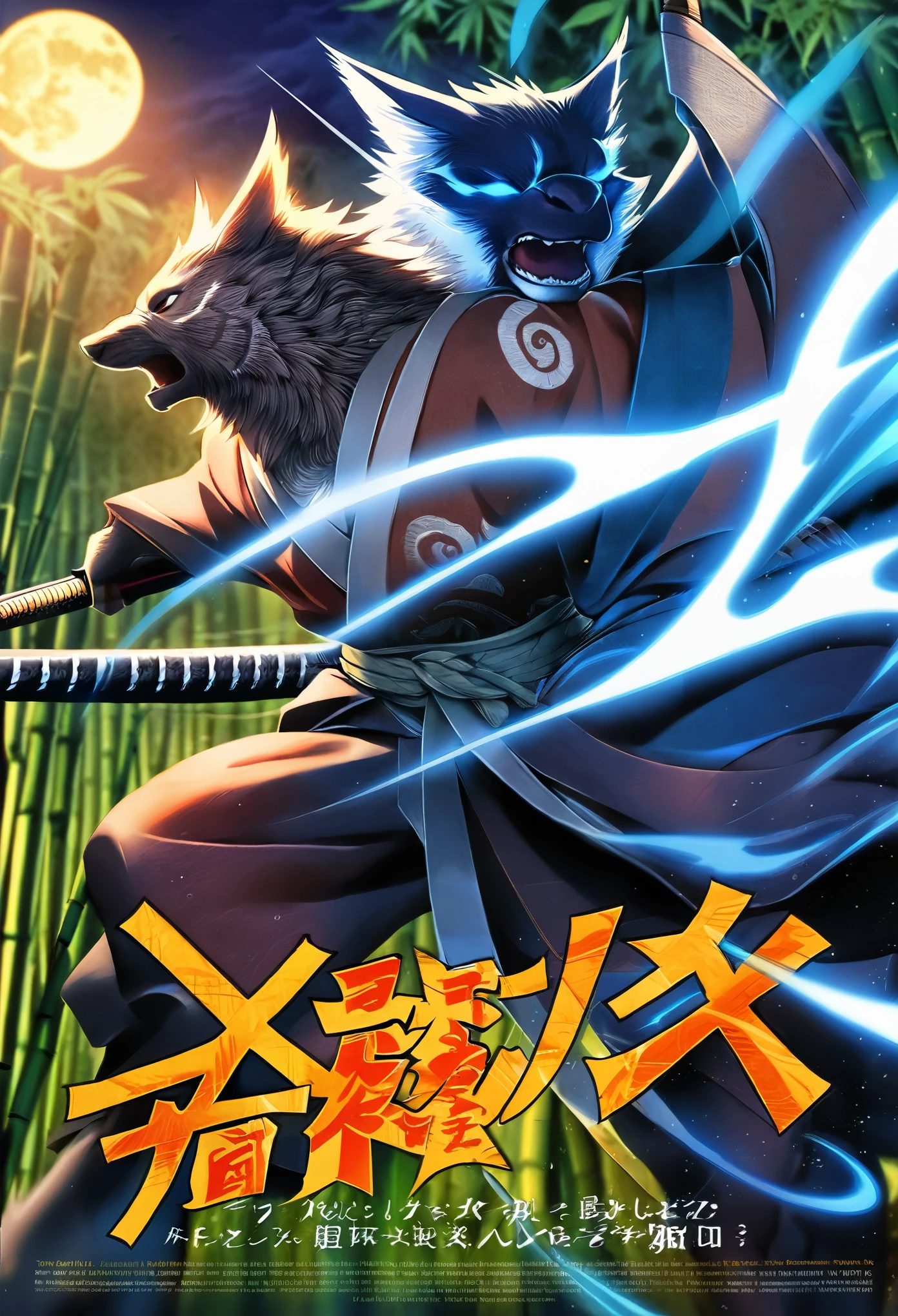 Top quality ultra-fine illustrations, movie poster, Zatoichi, Blind Swordsman (bamboo forest, dark night with beautiful full moon, rays of light through bamboo, backlighting, Tyndall phenomenon) (beautiful face and eyes with great detail) absurdres perfect anatomy ((Beastman))) (furry, pair, Japanese kimono, ninja, sword with blue flames, battle duels, concentration lines) (furry anthro:1.7) ((((furry body, animal facial features, animal body features)))) ((((animal muzzle highly detailed fur)))) full body, sturdy look, shouting, combat regime (dynamic pose),