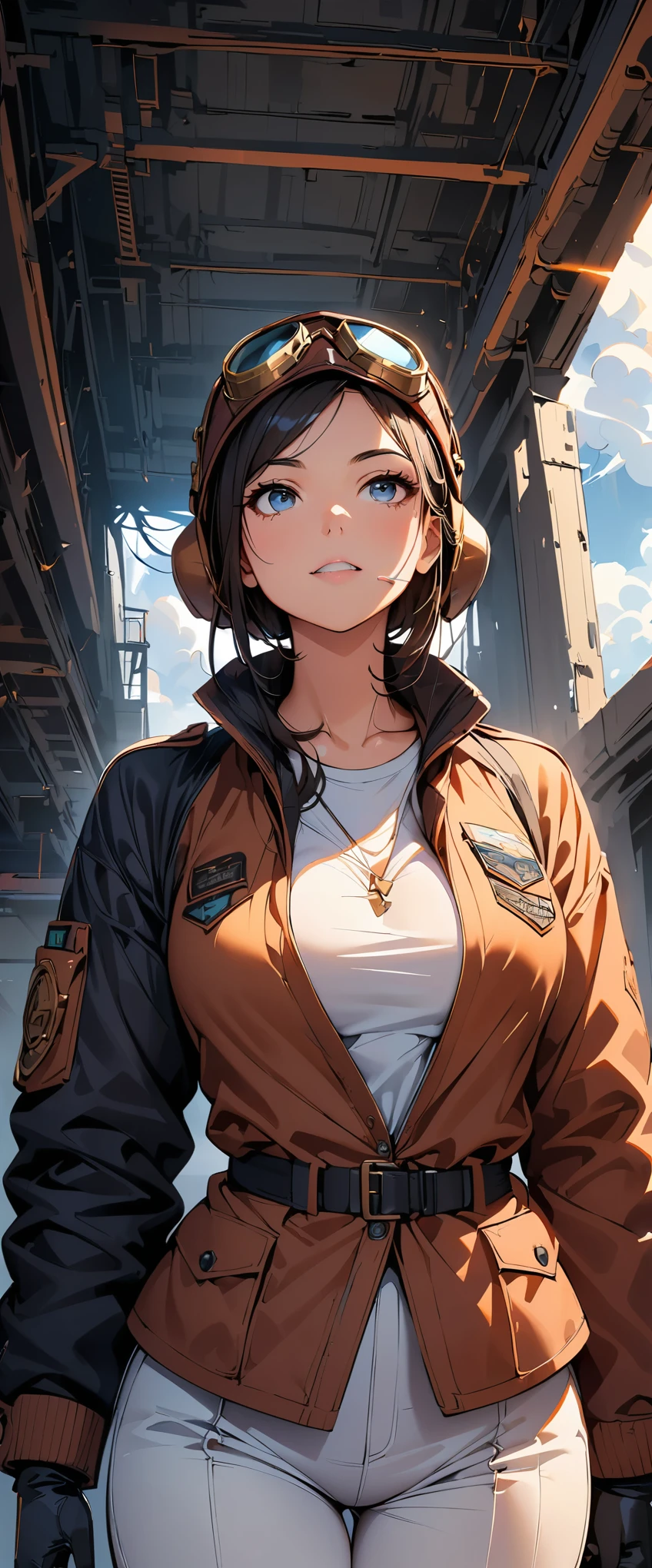 (highest quality, 4k, 8K, High resolution, masterpiece:1.2), Super detailed, one person, woman, steampunk design, Aviator Cap, goggles, flight jacket, in front of the hangar, cowboy shot, diagonally, Looking up, vapor, cigarette, powerful stroke, high contrast, Heroic portrait, adrenaline rush, Detailed weapons, strength, impact, energy, Violent, タバコを咥えたwoman。