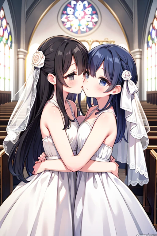 two girl、Wedding dress、kiss、hug each other、church