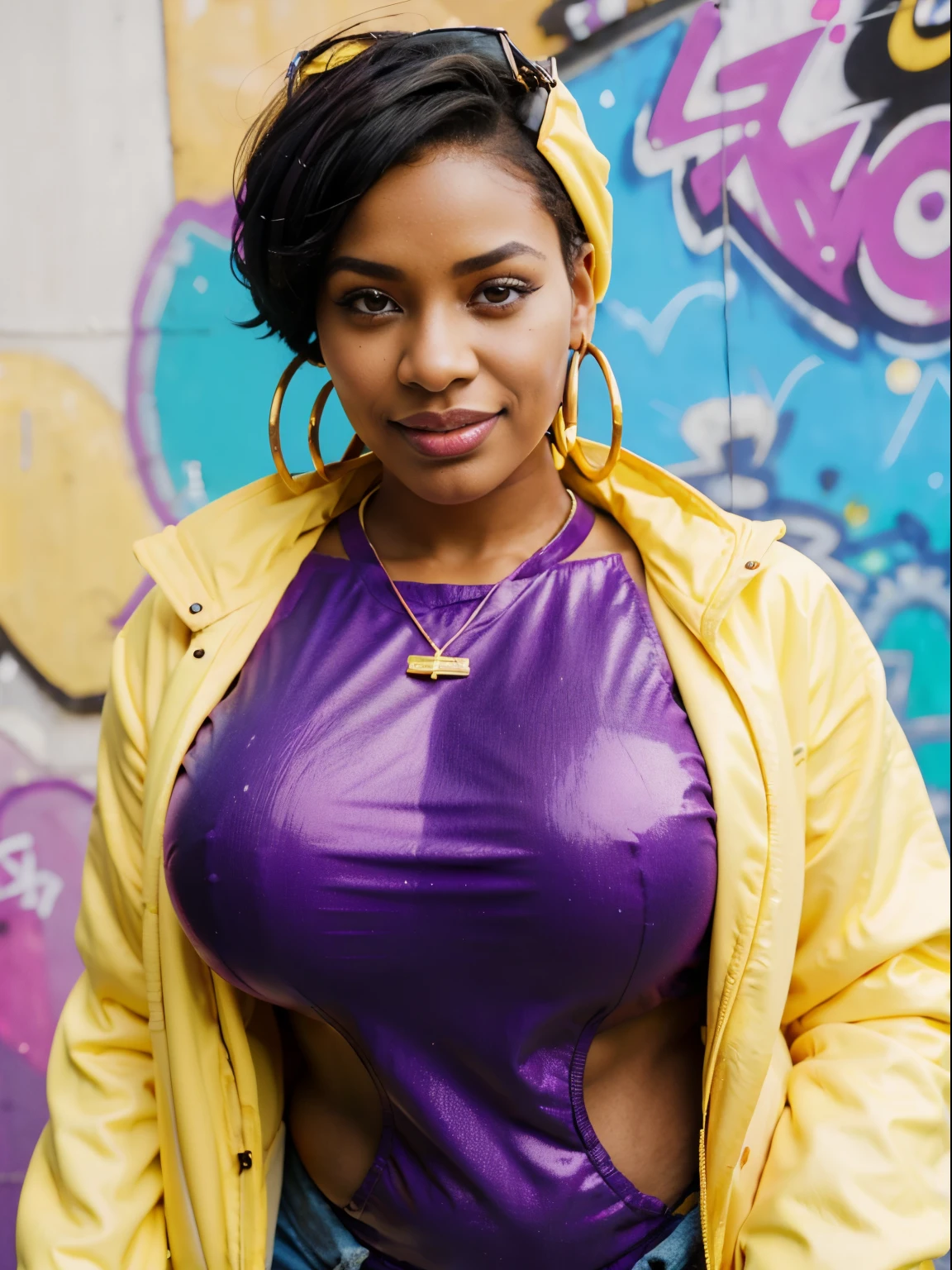 Jubilee,short black hair, brown eyes, solo, standing, upper body, covered , smile, busty, sexy black girl, extreme curves ,
jubJak, open yellow jacket, purple shades on head, hoop earrings ,blue gloves, pink shirt,
streets, chain fence, retro, graffiti, light skin curvy black girl ,
(insanely detailed, beautiful detailed face, masterpiece, beautiful detailed eyes, best quality)