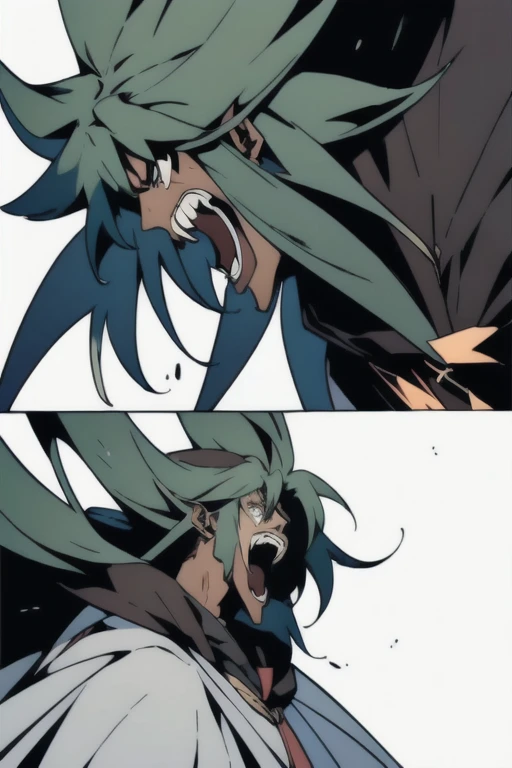 ((Character, best quality: 1.5, masterpiece, 8k detailed, flat colors, anime)), solo: 2,1boy, adult, white cloak, Enkidu, rage face, screaming, side view, yelling, angry, enrage, close up shot, face shot