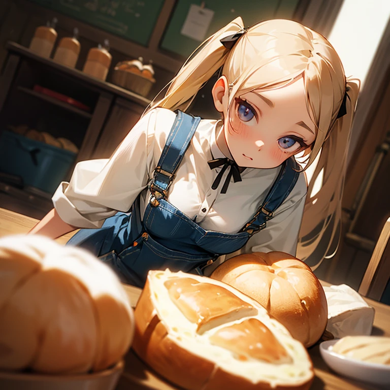 beautiful girl, perfect small face, big breasts, slender, twin tails, overalls, put bread on the table, Angle of view where hands are not visible