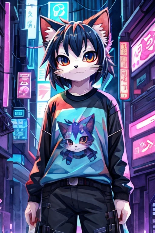 Create a shirt print, Cute Cyberpunk Kitten, watercolor, 2D vector image , super detailed,Ultra SVG , anime style