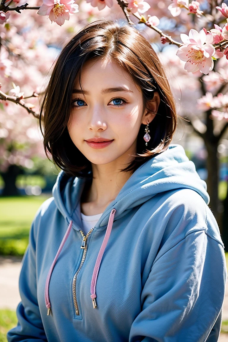 keep this image、Pale face and eyes:1.3、Very thin face and eyes:1.3, (blue eyes:1.5)、{highest quality}, {{masterpiece}}, {very delicate and beautiful}, outstanding light and shadow, highly detailed wallpaper, clear and bright sunlight, head portrait, 1 girl, , blush, short bob hair, strong sunlight, (pink hoodie), delicate hair, (realistic skin texture:1.3)、or wrinkles on the skin are noticeable., B cup, broad shoulders, ((a strong light shines on your face)), necklace、ring、earrings、smile、smile、smile、A park with cherry blossoms in full bloom, sit under the cherry tree:1.5