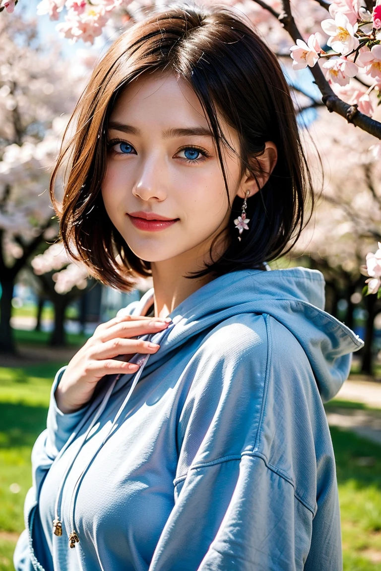 keep this image、Pale face and eyes:1.3、Very thin face and eyes:1.3, (blue eyes:1.5)、{highest quality}, {{masterpiece}}, {very delicate and beautiful}, outstanding light and shadow, highly detailed wallpaper, clear and bright sunlight, head portrait, 1 girl, , blush, short bob hair, strong sunlight, (pink hoodie), delicate hair, (realistic skin texture:1.3)、or wrinkles on the skin are noticeable., B cup, broad shoulders, ((a strong light shines on your face)), necklace、ring、earrings、smile、smile、smile、A park with cherry blossoms in full bloom, sit under the cherry tree:1.5