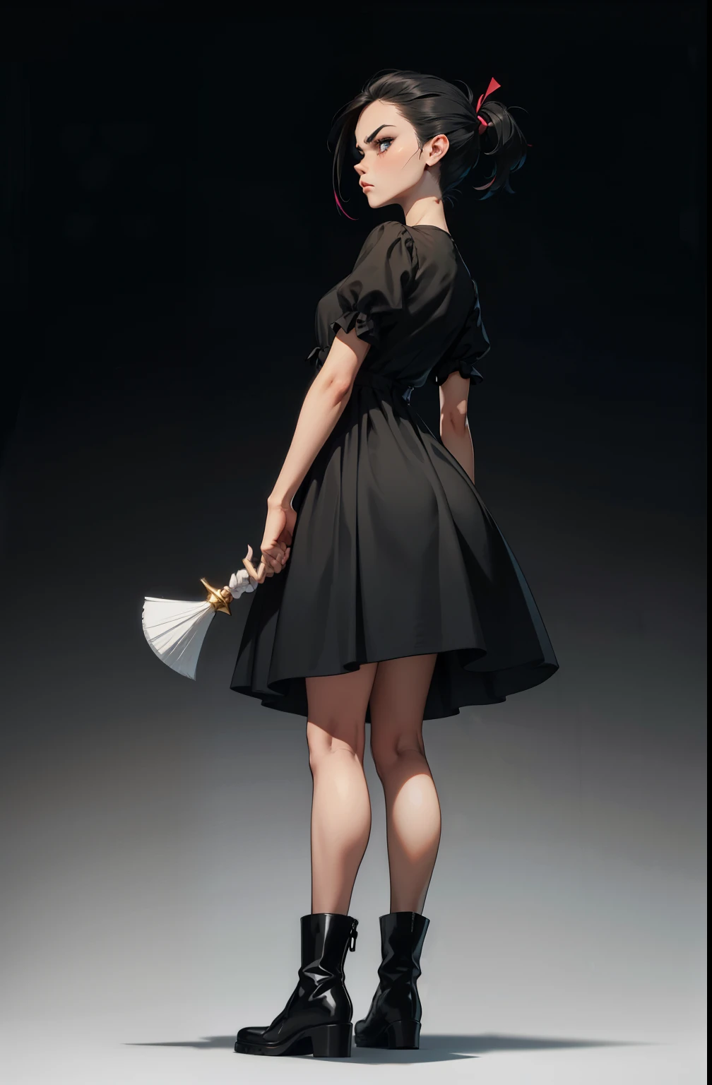 makeup, Soft or colored lips, simple black background, minimalism, monotonous, bright color palettes, , grumpy face, short dress, exposed feet, short black dress, boots, straight hair tied up, standing on tiptoe, wears a large lollipop as weapon, angry body expression looks up, side view, perspective, side, perfect anatomy, dynamic pose, perfect hands, wind in dress

