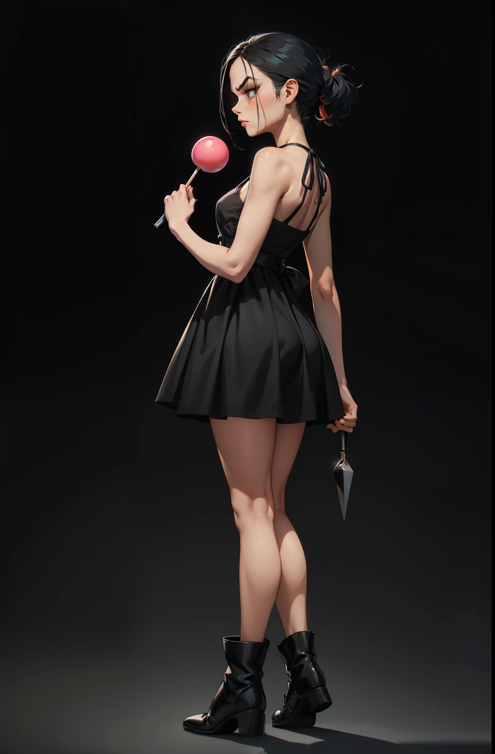 makeup, Soft or colored lips, simple black background, minimalism, monotonous, bright color palettes, , grumpy face, short dress, exposed feet, short black dress, boots, straight hair tied up, standing on tiptoe, wears a large lollipop as weapon, angry body expression looks up, side view, perspective, side, perfect anatomy, dynamic pose, perfect hands, wind in dress


