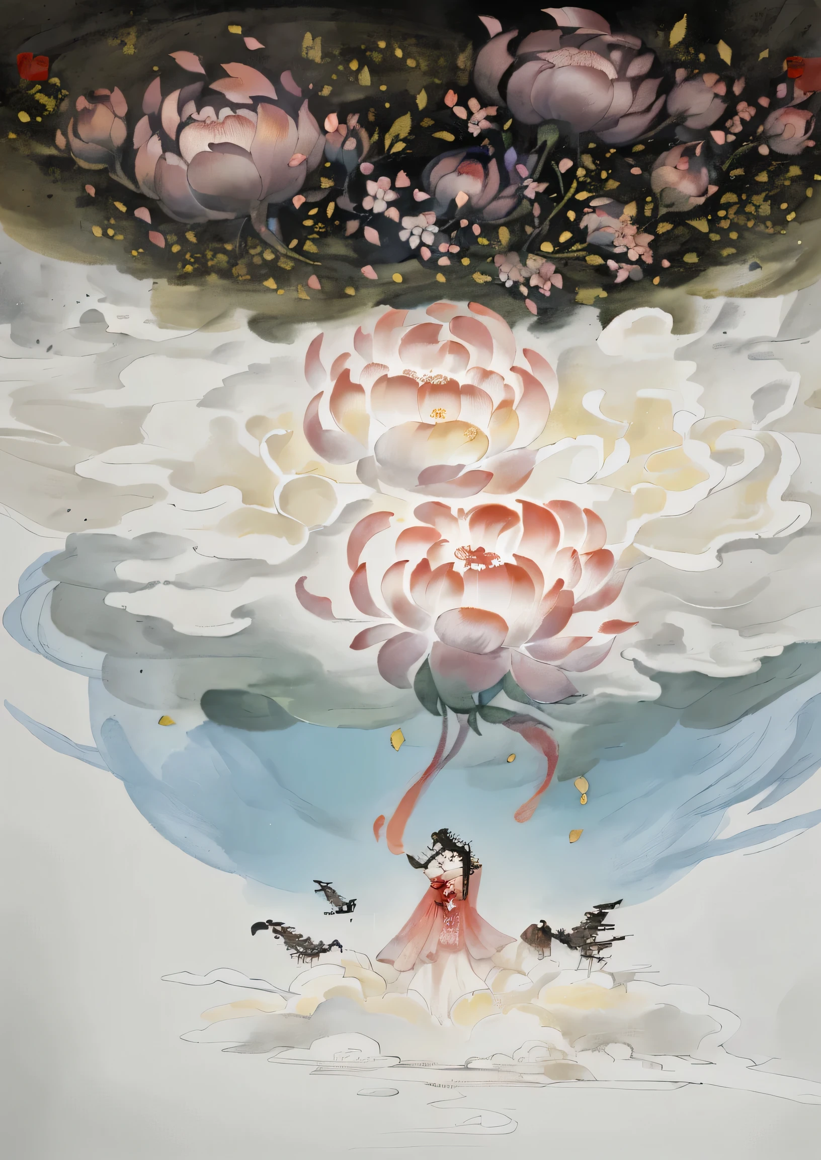 New Chinese style illustration,Beautiful peony flowers,Auspicious clouds as decoration,Exquisite details,illustration poster,torrent,meticulous painting