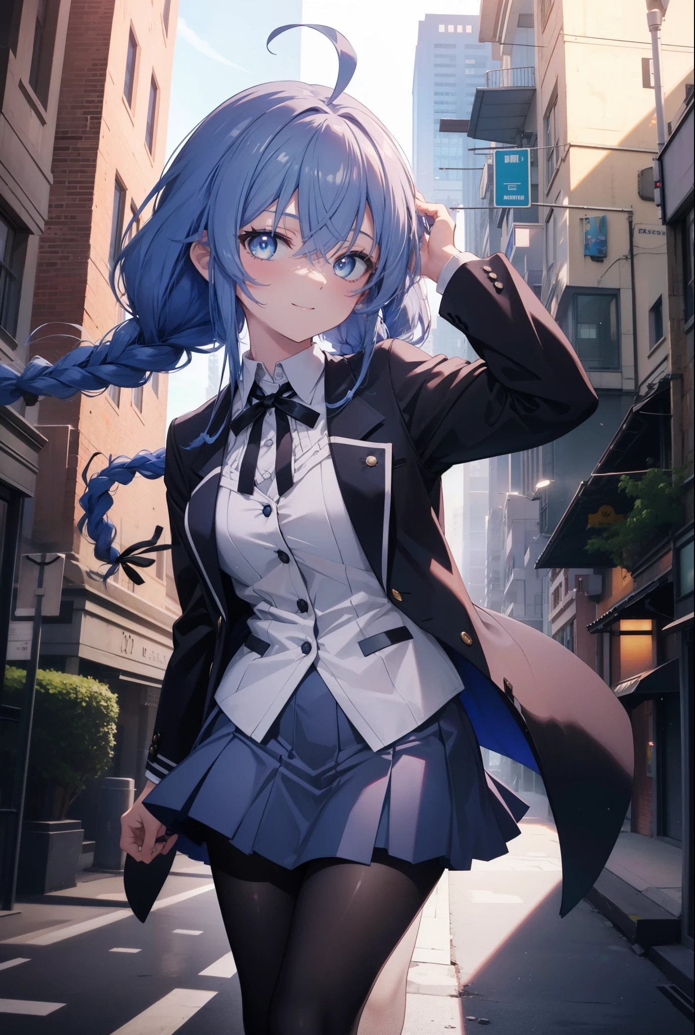 (masterpiece,intricate details),1 girl,mature woman,light _face, BREAK Roxymigurdia, Roxy, Ahoge, black ribbon, blue eyes, blue hair, Braid, hair between eyes, hair ribbon, long hair, twin Braids, very long hair,happy smile, smile, open your mouth, Destroy White Y-Shirt,Blue Blazer,Blue pleated skirt,Gray pantyhose,White Loafers,
壊す looking at viewer,
break outdoors, In town,Destroy a city of buildings (masterpiece:1.2), highest quality, High resolution, unity 8k wallpaper, (figure:0.8), (detailed and beautiful eyes:1.6), 非常に詳細なface, perfect lighting, Very detailed CG, (perfect hands, perfect anatomy),