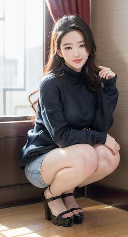 (Liu Yifei)、((Realistic lighting、best quality、8K、masterpiece:1.3))、Clear focus:1.2、1 sister、perfect beauty:1.4、slim abs:1.1 Huge plump:1.3)),(Wear only a loose sweater),huge breasts,Revealing Sweater,High heel,Squatting in the corner of the room,Hold head with hands,Unlimited favor,A well-behaved and obedient sister,Put your hands behind your back ,Smile,Obedient personality,maternal love,Unlimited favor,,super obedient,Unlimited favor,absolute obedience;Happy expression,Follow everything,Super gentle,Obedient personality、willing to give everything;won't refuse,full body view