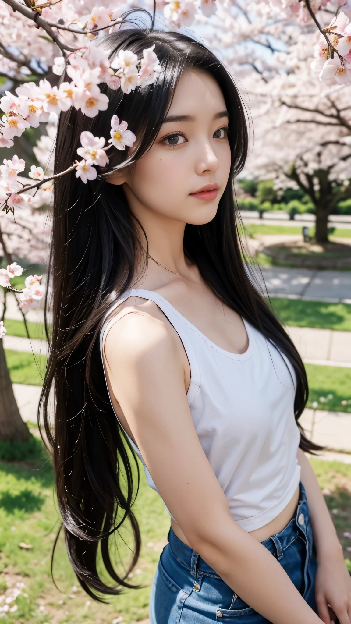 A girl with long black hair climbs a cherry tree in full bloom and looks down at a beautiful park filled with cherry blossom petals. She is wearing a white tank top and shorts. Her small cleavage is visible from the neck of the tank top. I am looking at her from above.