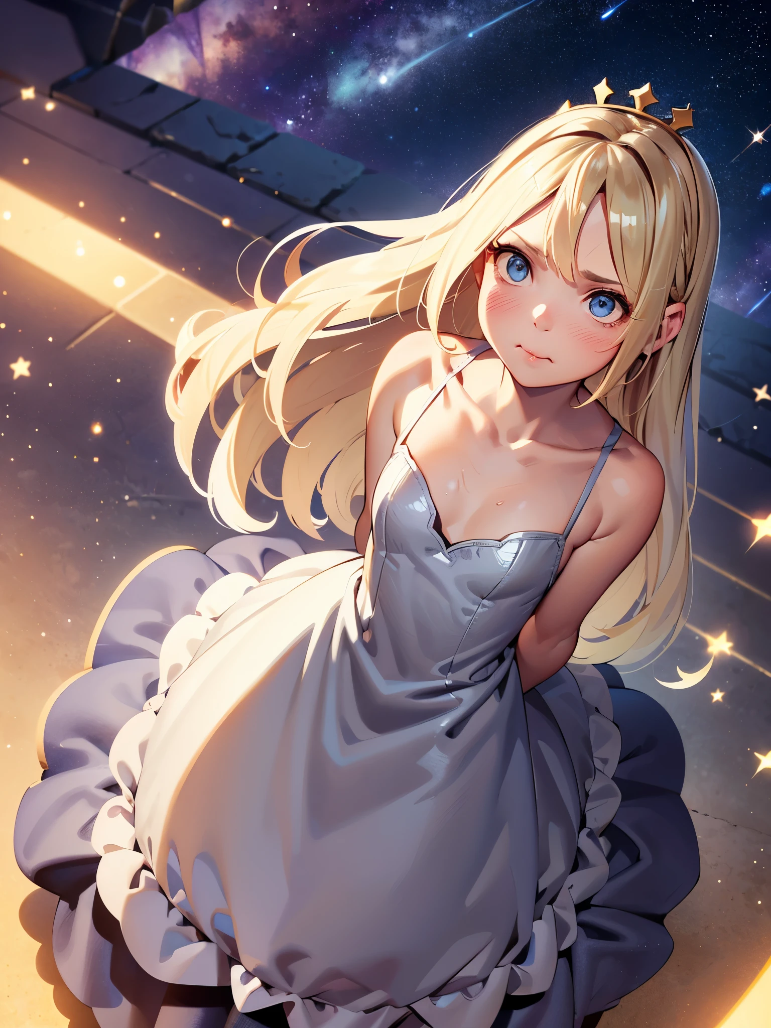 1girl,aged down,bare shoulders,blonde hair,blue eyes,blush,closed mouth,collarbone,crown,dress l,dress tug,eyelashes,female focus,from above,grey dress,long hair,pout,shiny skin,shooting star,sky,sleeveless,sleeveless dress,solo,space,standing,star (sky),starry sky,tearing up