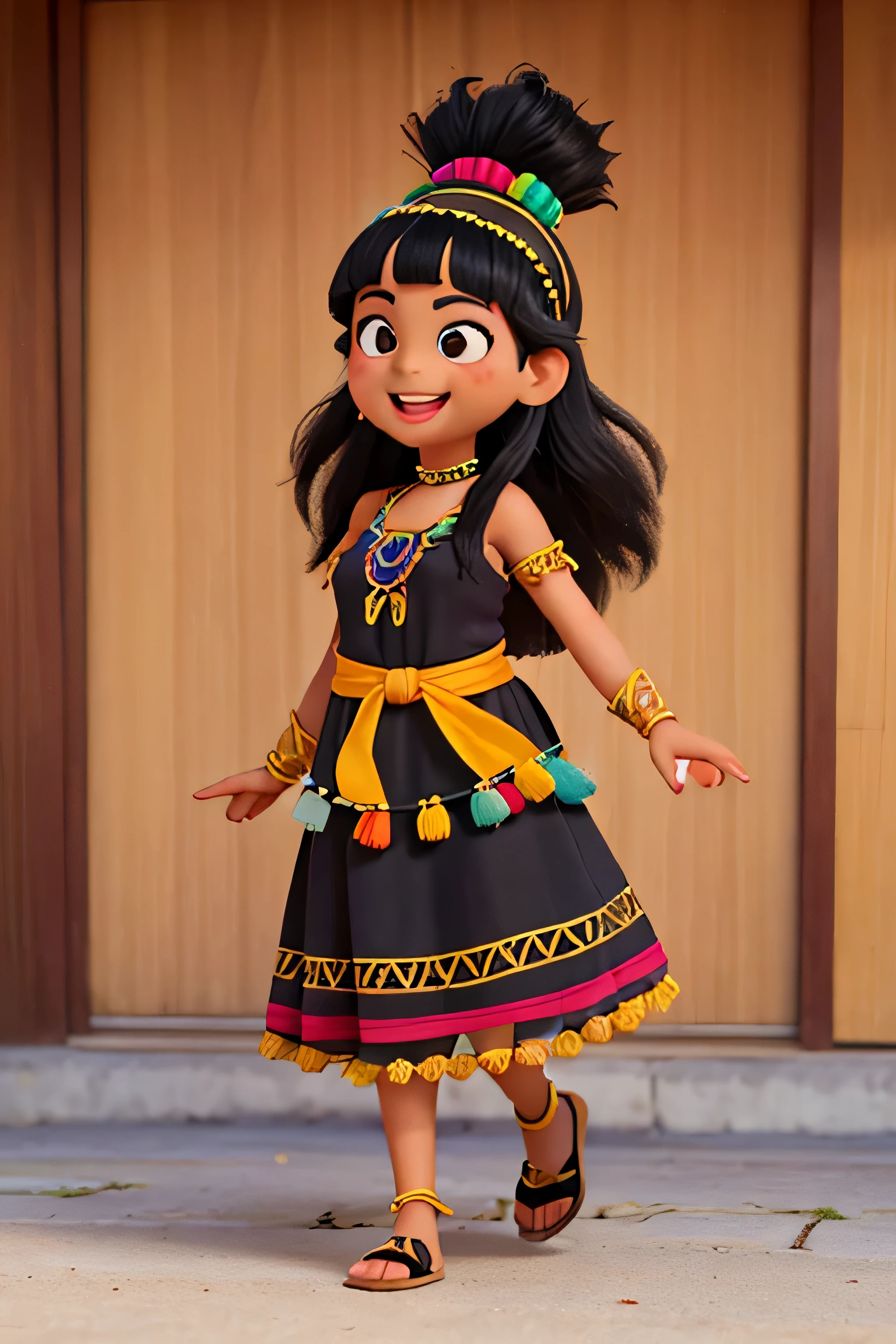 Luara, Brazilian Indian, black eyes, straight black hair, cheerful face, wearing a cultural dress made of leaves, wearing a colorful feathered coca on her head, looking straight ahead, colorful, masterpieces, Maximum quality, Best quality, art official, beautiful and aesthetic, cute collor style, full body image, anatomically perfect, UHD, no anomalies, perfect limbs, perfect eyes, clear image, pixel perfect