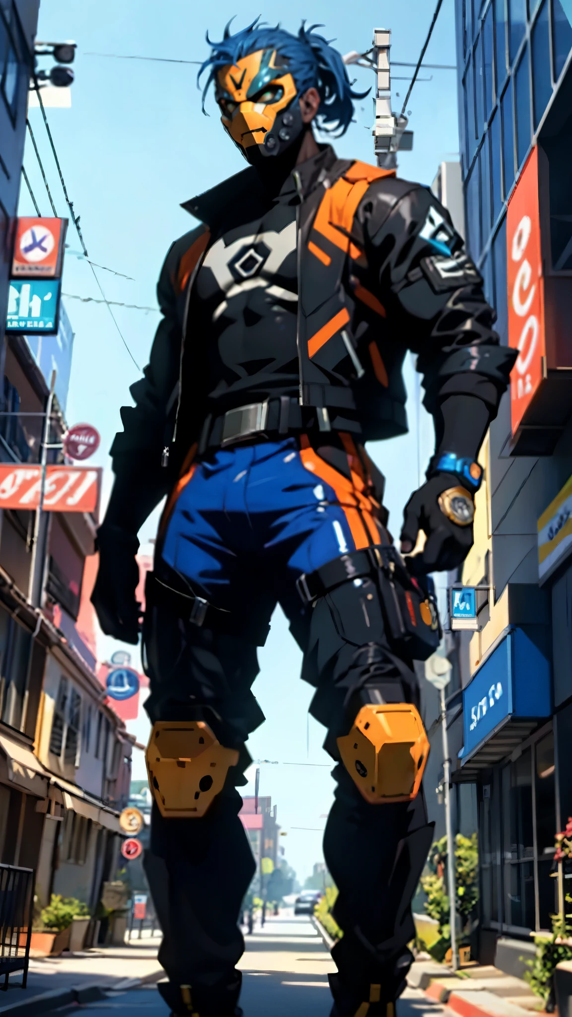 A man with blue hair tied in a ponytail, his face concealed by a falcon concept mask, full mask, stands tall and imposing, a futuristic sci-fi style short jacket, a dark bodysuit, matching trousers, a belt cinched at the waist, colorful gloves, he stands atop a futuristic high-rise, city night view, this character embodies a finely crafted futuristic sci-fi style masked hero in anime style, exquisite and mature manga art style, high definition, best quality, highres, ultra-detailed, ultra-fine painting, extremely delicate, professional, perfect body proportions, golden ratio, anatomically correct, symmetrical face, extremely detailed eyes and face, high quality eyes, creativity, RAW photo, UHD, 32k, Natural light, cinematic lighting, masterpiece-anatomy-perfect, masterpiece:1.5