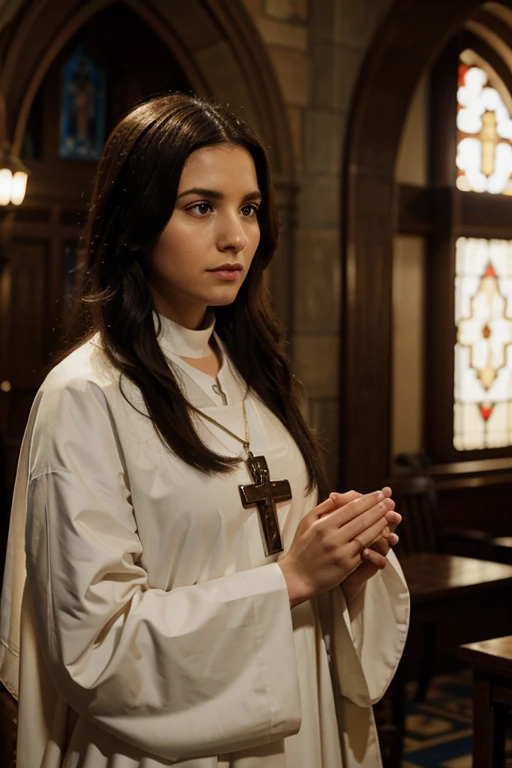 Create a Disney Pixar-Inspired Movie Poster. With the title “Maria Cresência Höss”, a mother in priest’s robes holding a cross, Catholic friar in prayer, retrato de uma madre franciscana.