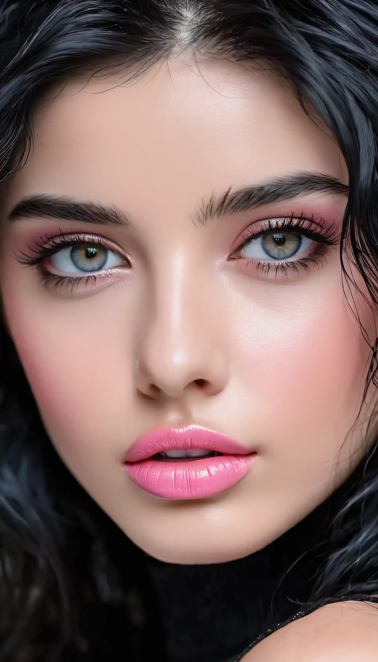 A stunning 21-year-old woman with fair skin, cascading waves of black hair framing her face, lips tinted with a delicate shade of pink. Her features include a perfectly sculpted sharp nose and large, captivating eyes that draw you in with their depth.