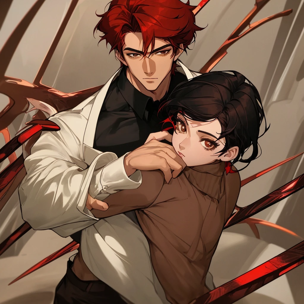 A handsome man with black hair and brown eyes and a beautiful woman with red hair and hazel eyes