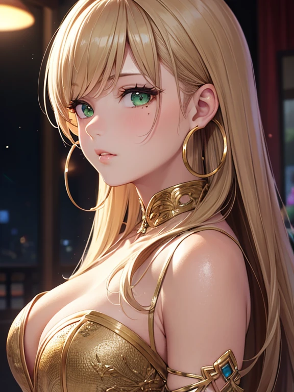 1 girl, Delicate skin texture, Detailed cloth texture, Beautiful and delicate face, intricate details, super detailed, green eyes, 金hair, 粉红色的hair, single sidelock, straight hair, curls, Ridiculously long hair, hair, hair一侧朝上, There is a mole under the eye, upturned eyes, long eyelashes, hoop earrings, cosmetic, blink, pout, high detail, realism, japanese manga, movie lighting, film grain, Fuji coloring, view, atmospheric perspective, Bokeh, F/1.8, Fujifilm, Head-up shooting, masterpiece, best quality, 8K, textured skin, Super details, anatomically correct, masterpiece