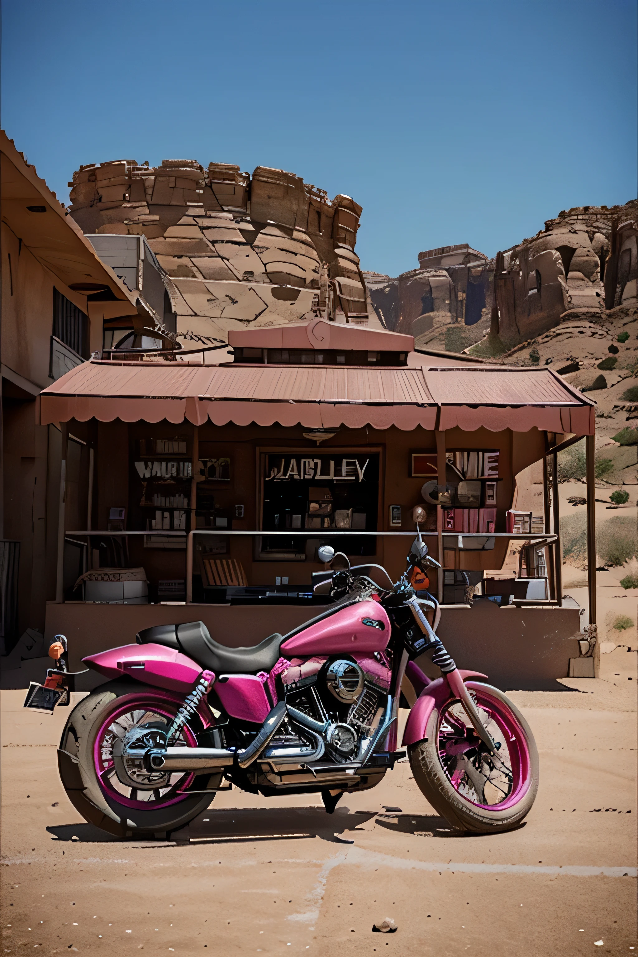 please create a concept art style for a pink harley davidson. I want you to show the motorbike in pink with a desert background and a cool motorbike bar. no people, just the bike.