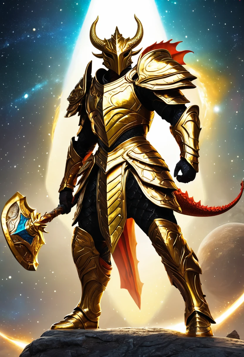 Create a cosmic warrior who wears bronze armor, a golden sword, and a dragon shield