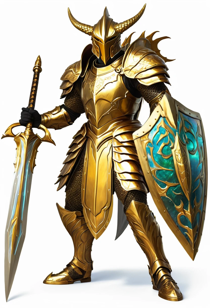 Create a cosmic warrior who wears bronze armor, a golden sword, and a dragon shield 