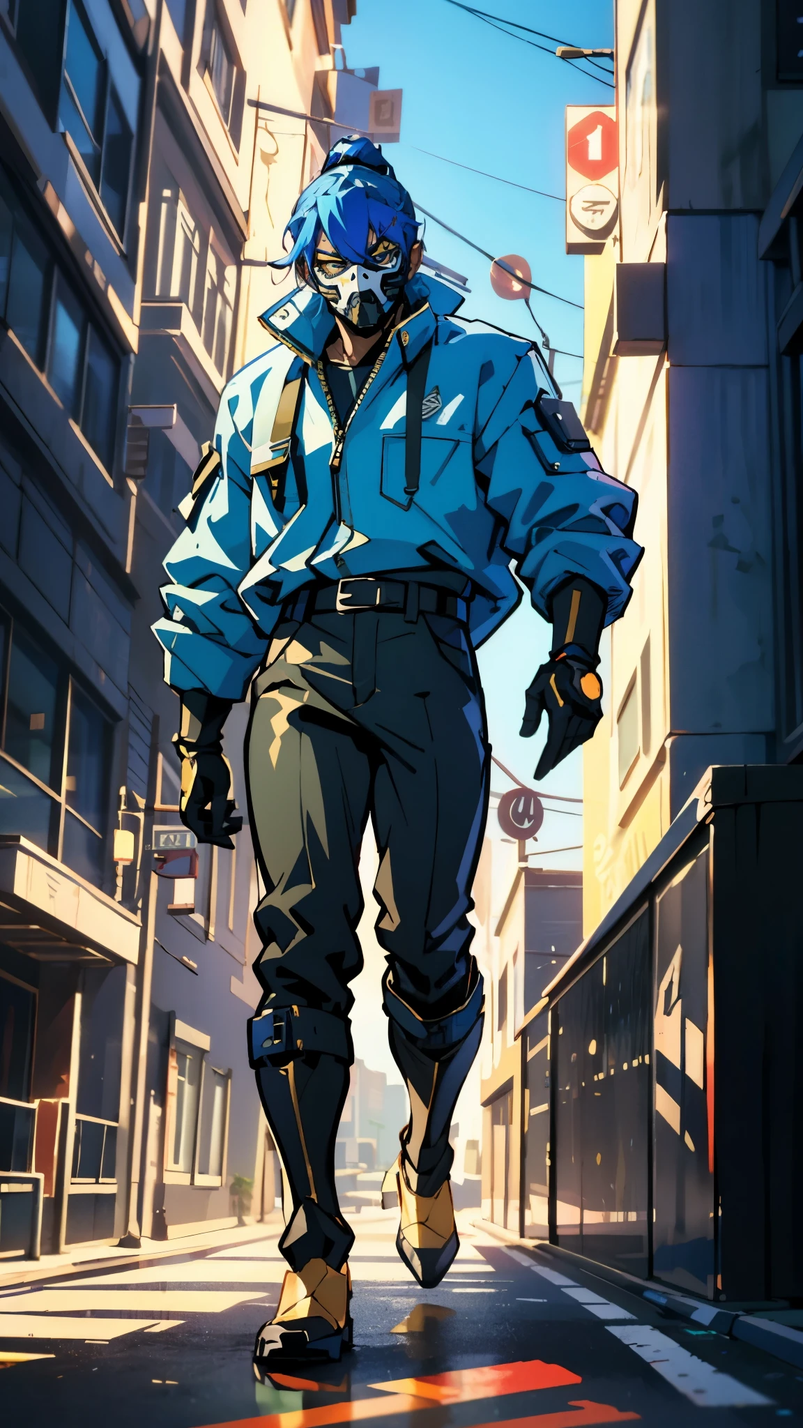 A man with blue hair tied in a ponytail, his face concealed by a falcon concept mask, full mask, stands tall and imposing, a futuristic sci-fi style short jacket, a dark bodysuit, matching trousers, a belt cinched at the waist, colorful gloves, he stands atop a futuristic high-rise, city night view, this character embodies a finely crafted futuristic sci-fi style masked hero in anime style, exquisite and mature manga art style, high definition, best quality, highres, ultra-detailed, ultra-fine painting, extremely delicate, professional, perfect body proportions, golden ratio, anatomically correct, symmetrical face, extremely detailed eyes and face, high quality eyes, creativity, RAW photo, UHD, 32k, Natural light, cinematic lighting, masterpiece-anatomy-perfect, masterpiece:1.5