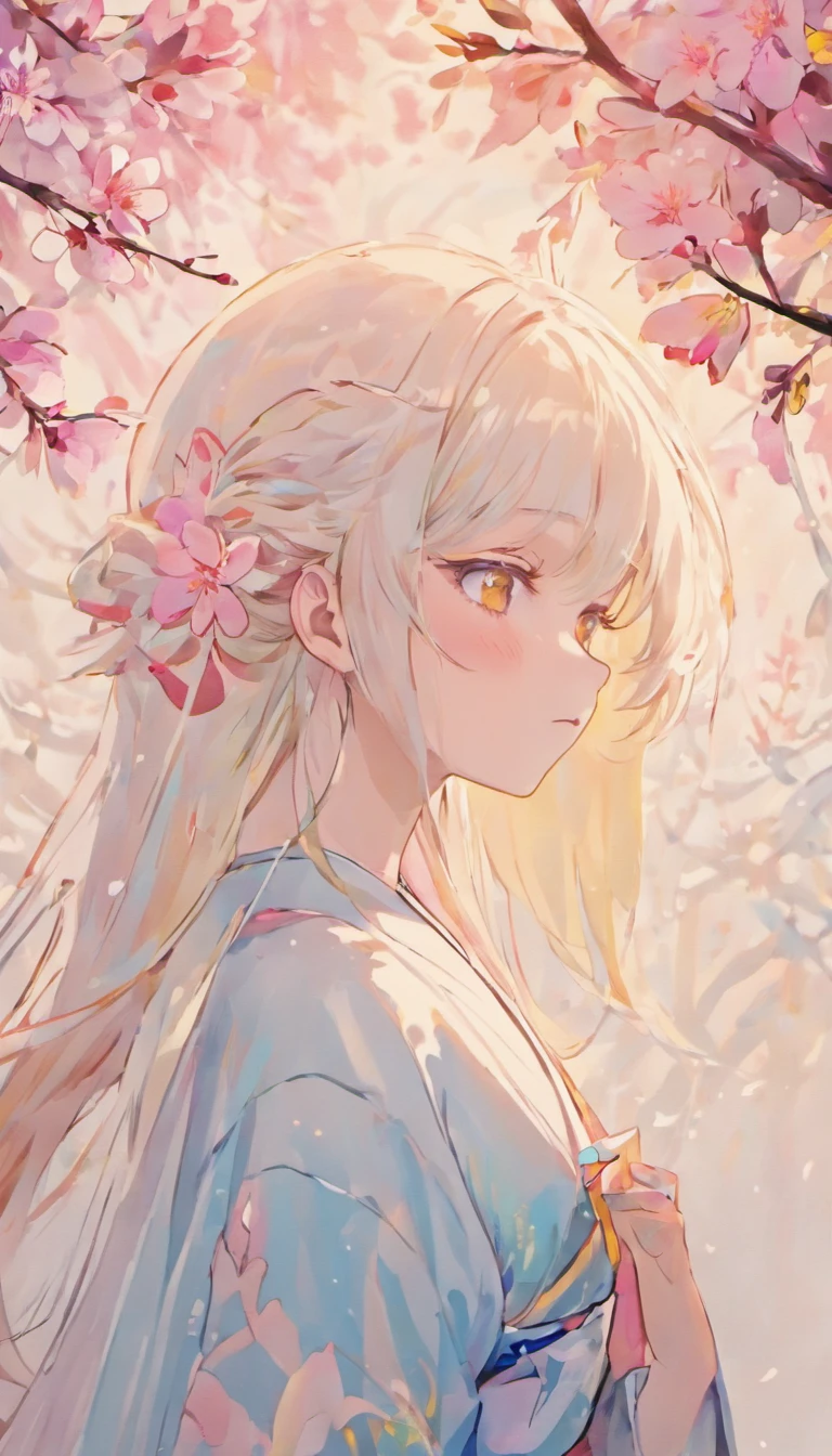 (white background:1.4),(girl head silhouette, close your eyes, colorful long hair, ),( reasonable design, clear lines, High sharpness,highest quality, very detailed, masterpiece, movie lighting effects, 4k )pure white background,face forward,kimono,A little cherry blossom