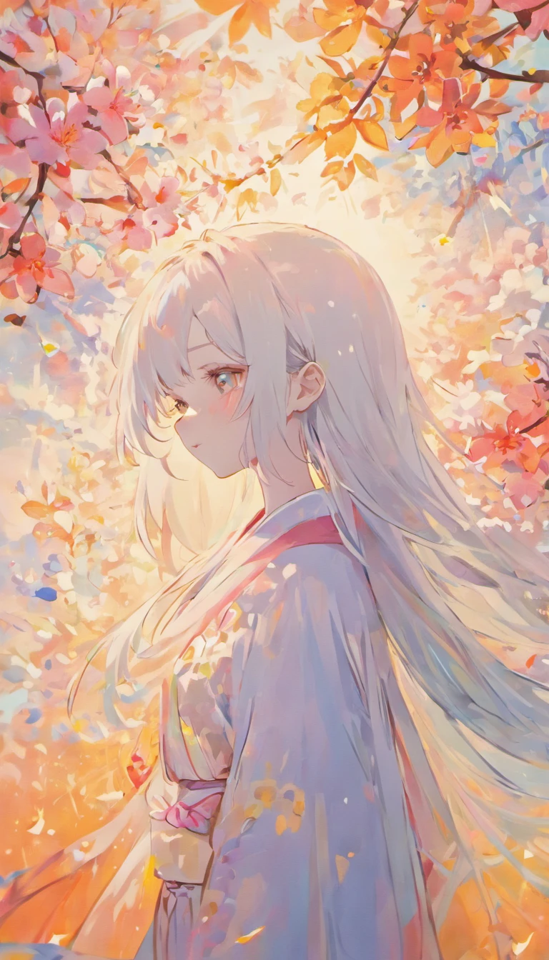 (white background:1.4),(girl head silhouette, close your eyes, colorful long hair, ),( reasonable design, clear lines, High sharpness,highest quality, very detailed, masterpiece, movie lighting effects, 4k )pure white background,face forward,kimono,A little cherry blossom