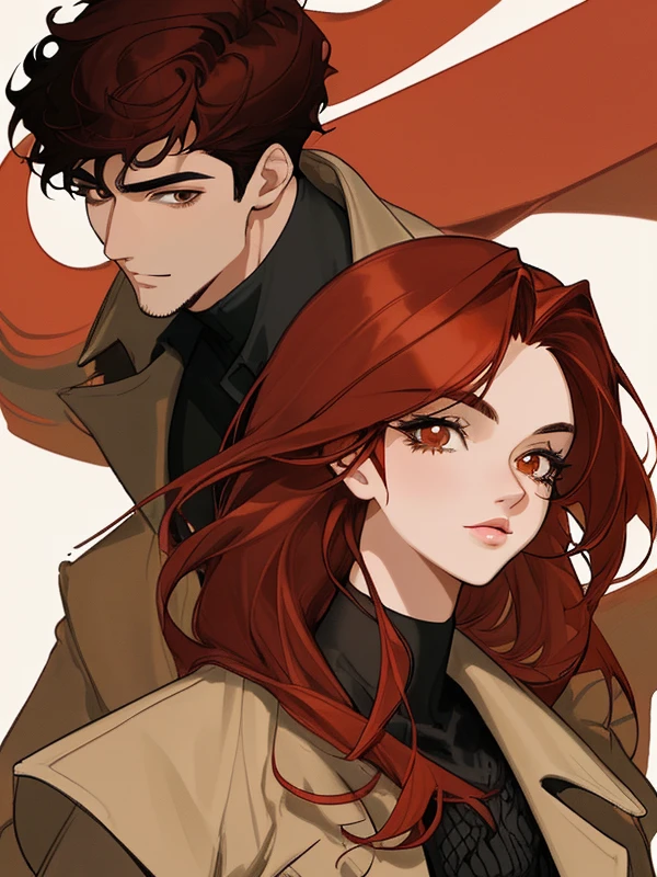 A handsome man with black hair and brown eyes and a beautiful woman with red hair and hazel eyes 
