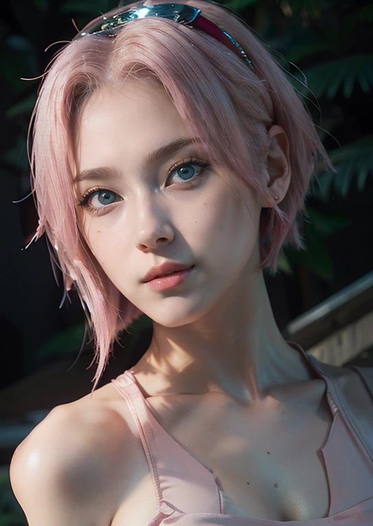 young woman, short shoulder-length pink hair, wide forehead, porcelain skin, pink eyebrows, big emerald green eyes, buttoned nose, full lips, heart-shaped face, slender body, small breasts, red tank top, Sakura Haruno , realistic, realism, details, 3d, well detailed
